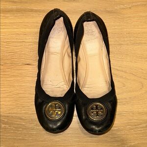 Tory Burch Black Leather Flats with Gold Logo